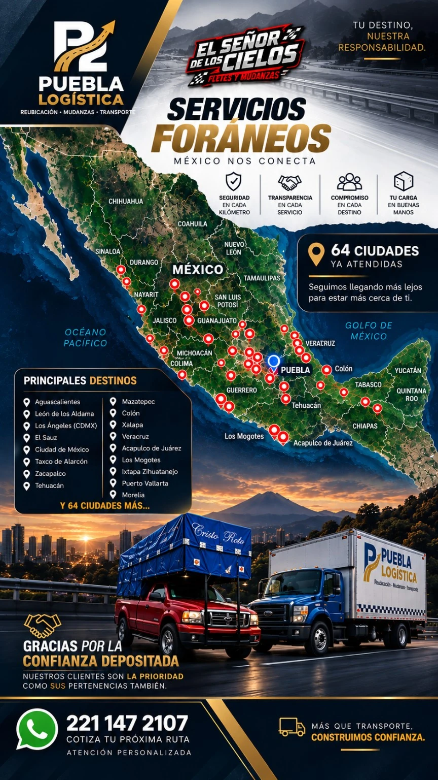 Material promocional de servicios foráneos de Puebla Logística y El Señor de los Cielos